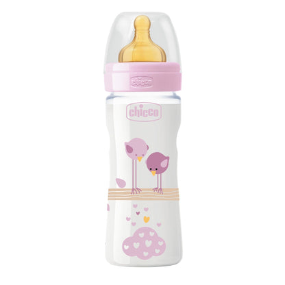 Chicco Benessere Plastica Bambina Biberon, Caucciù, Flusso Medio, 250 ml, Rosa