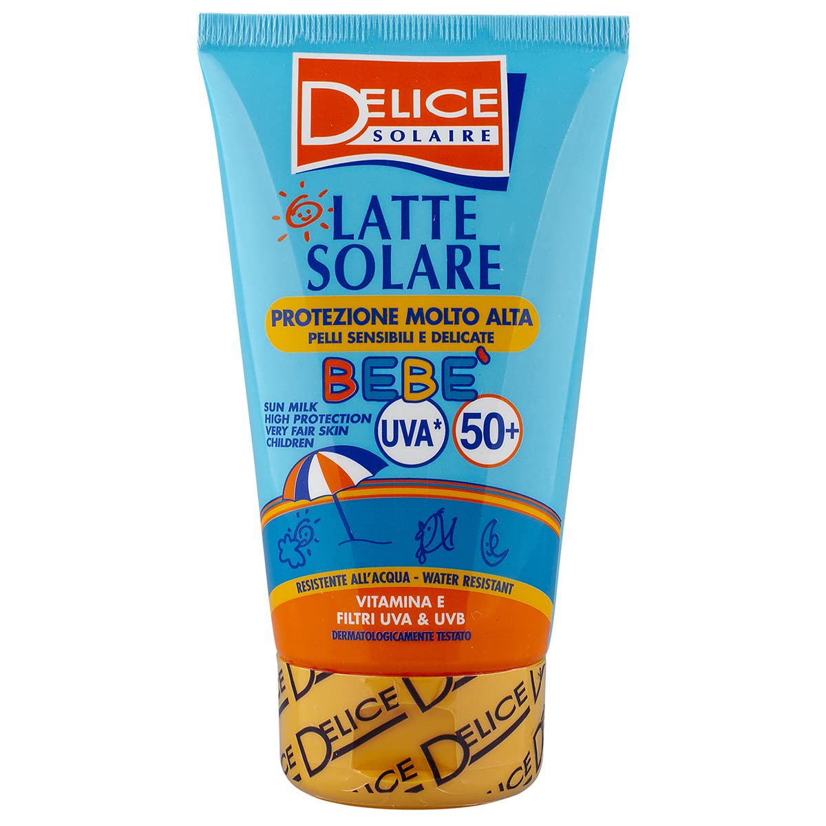 Delice Solaire Latte Solare Bebè , Protezione Solare Molto Alta SPF50+ , Resistente all'Acqua, Per Pelli Molto Chiare , Sensibili e Delicate, Filtra UVA/UVB, Dermatologicamente Testata - 100 ML