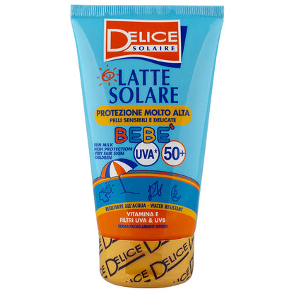 Delice Solaire Latte Solare Bebè , Protezione Solare Molto Alta SPF50+ , Resistente all'Acqua, Per Pelli Molto Chiare , Sensibili e Delicate, Filtra UVA/UVB, Dermatologicamente Testata - 100 ML