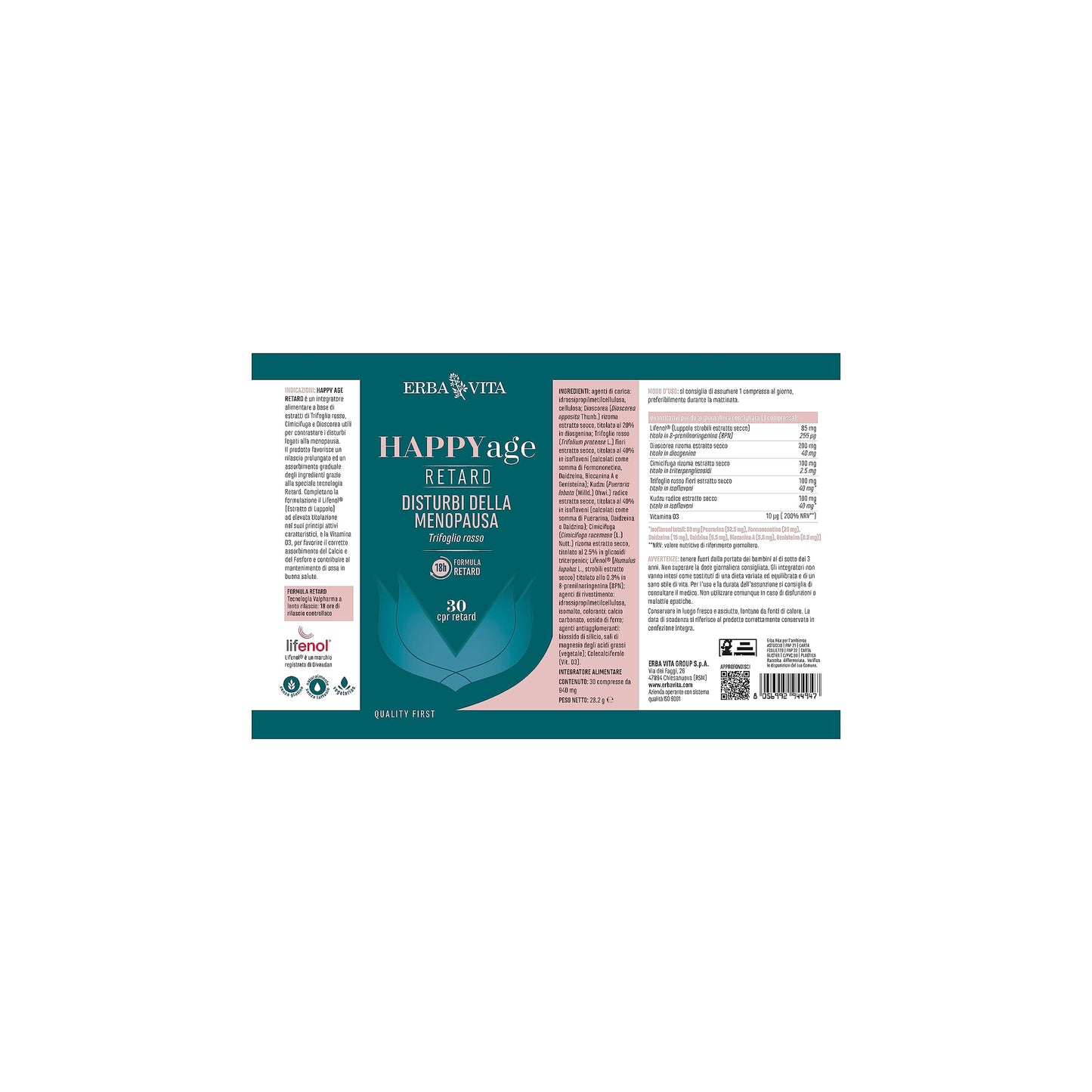 ERBA VITA Happy Age Retard integratore alimentare a base di estratti vegetali e vitamina D3, è un supporto naturale per il corpo durante il passaggio alla menopausa - Formato 30 Compresse