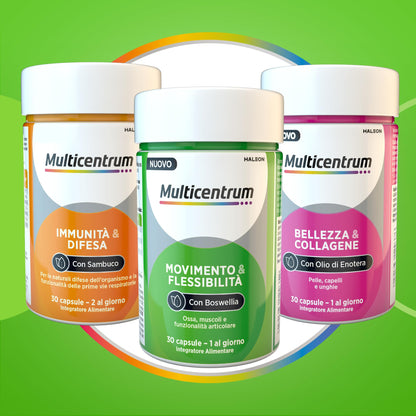 Multicentrum Movimento & Flessibilità, Integratore Alimentare con Boswellia, Vitamina C, D, K, e Omega3, formulato per Ossa, Muscoli e Funzionalità Articolare, Adulti, 30 capsule