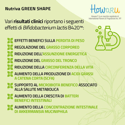 NUTRIVA Green Shape, Integratore Alimentare Controllo Peso, Circonferenza Vita, Drenante, Massa Grassa, HOWARU®, Clinicamente Testato, Tè Verde, Glucomannano, 14 Bustine, Gusto Crema al Limone