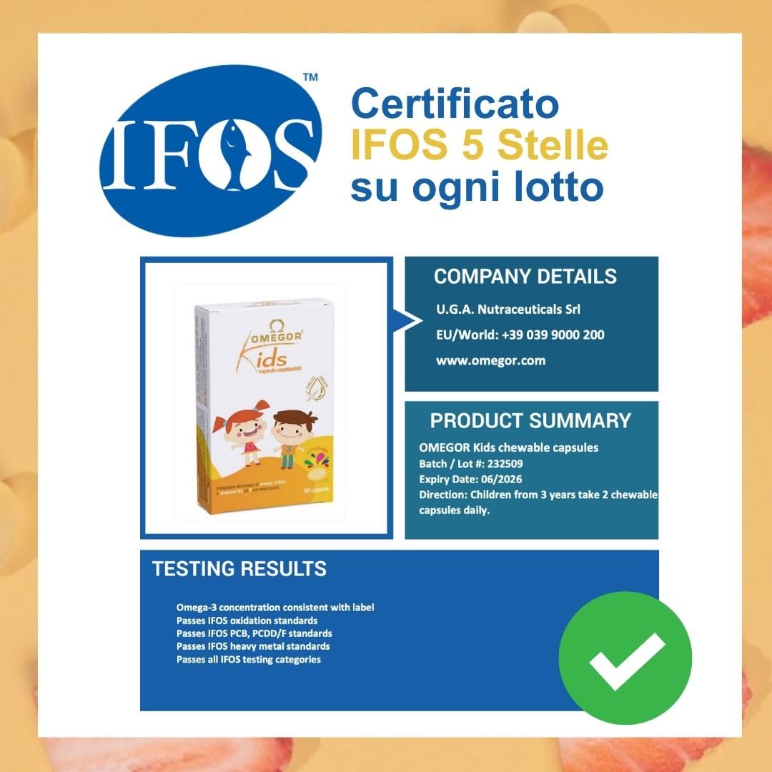 Omega 3 Bambini OMEGOR Kids 3+ Anni (60 Capsule Masticabili alla Frutta) - Ideale per Cervello, Vista, Ossa e Difese Immunitarie per Bambini con Vitamine D3 ed E - Ricco di EPA e DHA