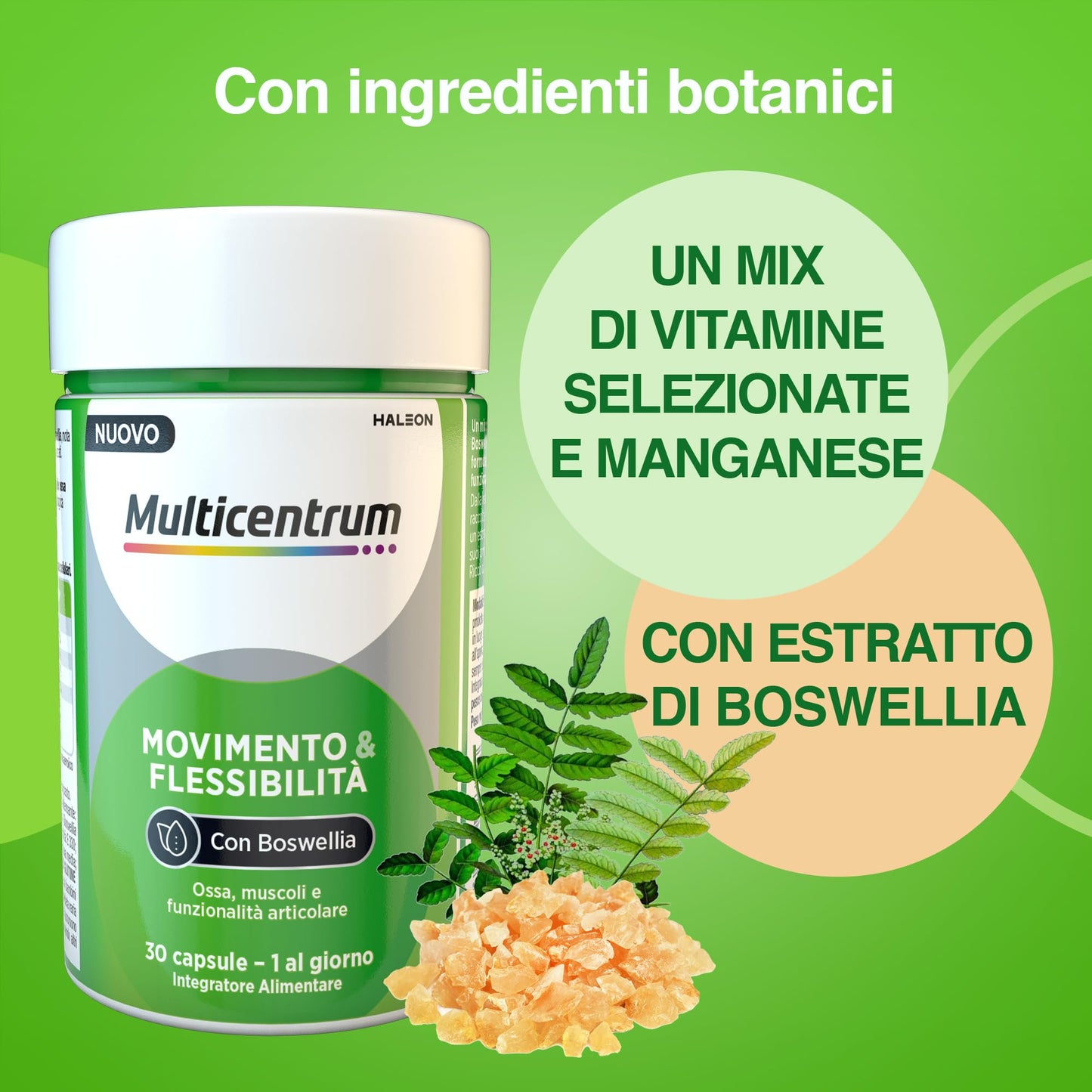 Multicentrum Movimento & Flessibilità, Integratore Alimentare con Boswellia, Vitamina C, D, K, e Omega3, formulato per Ossa, Muscoli e Funzionalità Articolare, Adulti, 30 capsule