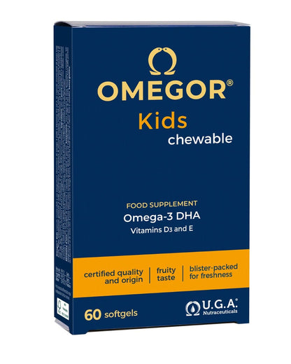 Omega 3 Bambini OMEGOR Kids 3+ Anni (60 Capsule Masticabili alla Frutta) - Ideale per Cervello, Vista, Ossa e Difese Immunitarie per Bambini con Vitamine D3 ed E - Ricco di EPA e DHA