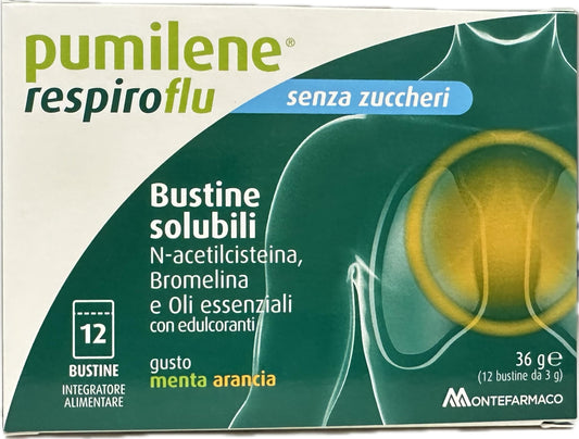 Pumilene Respiroflu 12 Bustine solubili con N-acetilcisteina, Bromelina, Oli essenziali, Gusto menta arancia, 36 g