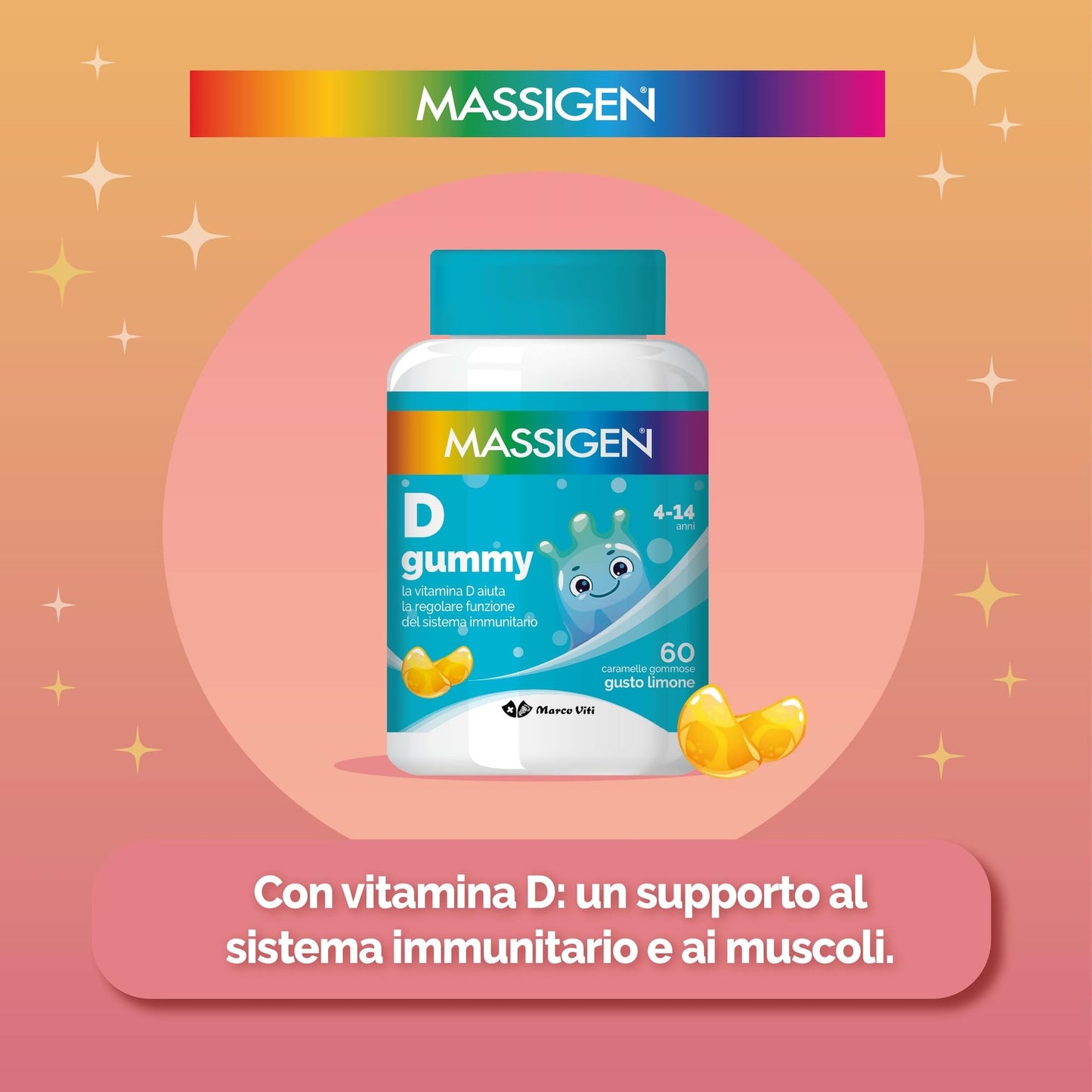 Massigen - D Gummy, 60 Caramelle da 3,3 g, Integratore Alimentare con Vitamina D, Vitamine Gommose per Bambini 4-14 Anni, Gusto Limone, Per Sistema Immunitario e Ossa Sane