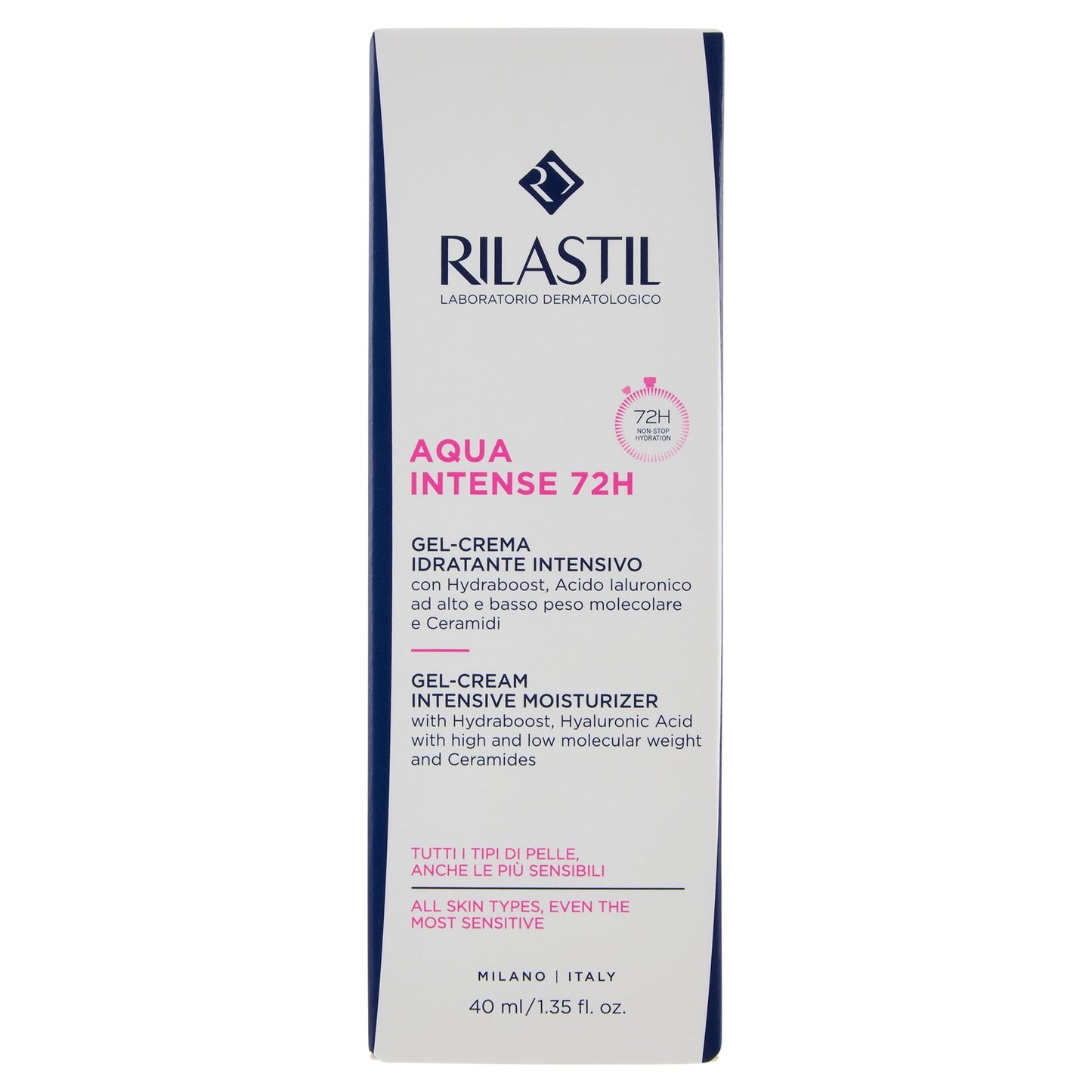 Rilastil Aqua Intense 72H, Gel-Crema Idratante Intensivo per Tutti i Tipi di Pelle, con Acido Ialuronico, Hydraboost, Ceramidi, Rende la Pelle Luminosa, Vellutata, Elastica e Sana, Confezione da 40ml