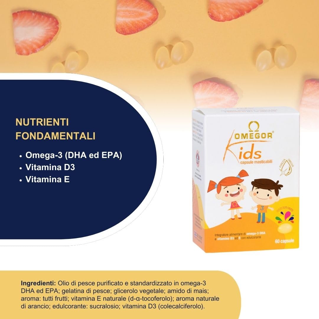 Omega 3 Bambini OMEGOR Kids 3+ Anni (60 Capsule Masticabili alla Frutta) - Ideale per Cervello, Vista, Ossa e Difese Immunitarie per Bambini con Vitamine D3 ed E - Ricco di EPA e DHA