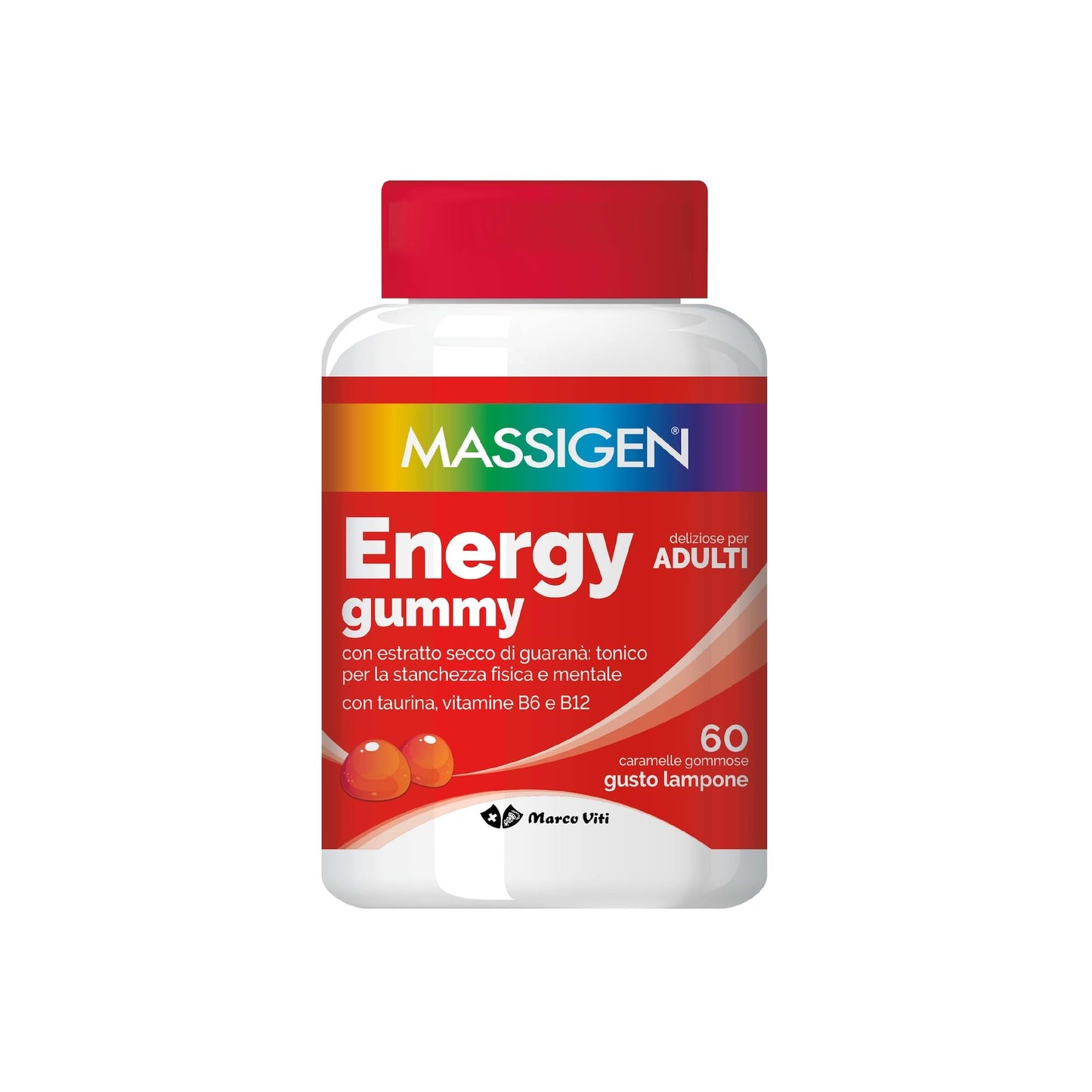 Massigen - Energy Gummy, Integratore Alimentare con Guaranà e Caffeina, Vitamine Gommose per Adulti, Gusto Lampone, 60 Caramelle, 192 g, Per Energia Fisica e Mentale