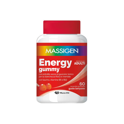 Massigen - Energy Gummy, Integratore Alimentare con Guaranà e Caffeina, Vitamine Gommose per Adulti, Gusto Lampone, 60 Caramelle, 192 g, Per Energia Fisica e Mentale