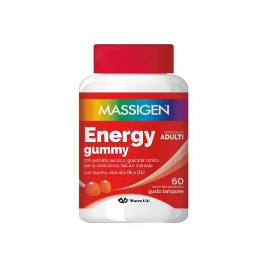 Massigen - Energy Gummy, Integratore Alimentare con Guaranà e Caffeina, Vitamine Gommose per Adulti, Gusto Lampone, 60 Caramelle, 192 g, Per Energia Fisica e Mentale