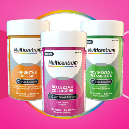 Multicentrum Bellezza & Collagene, Integratore Alimentare con Collagene, Biotina, Vitamina C, Olio di Enotera, formula completa per pelle, capelli, unghie, Adulti, 30 capsule