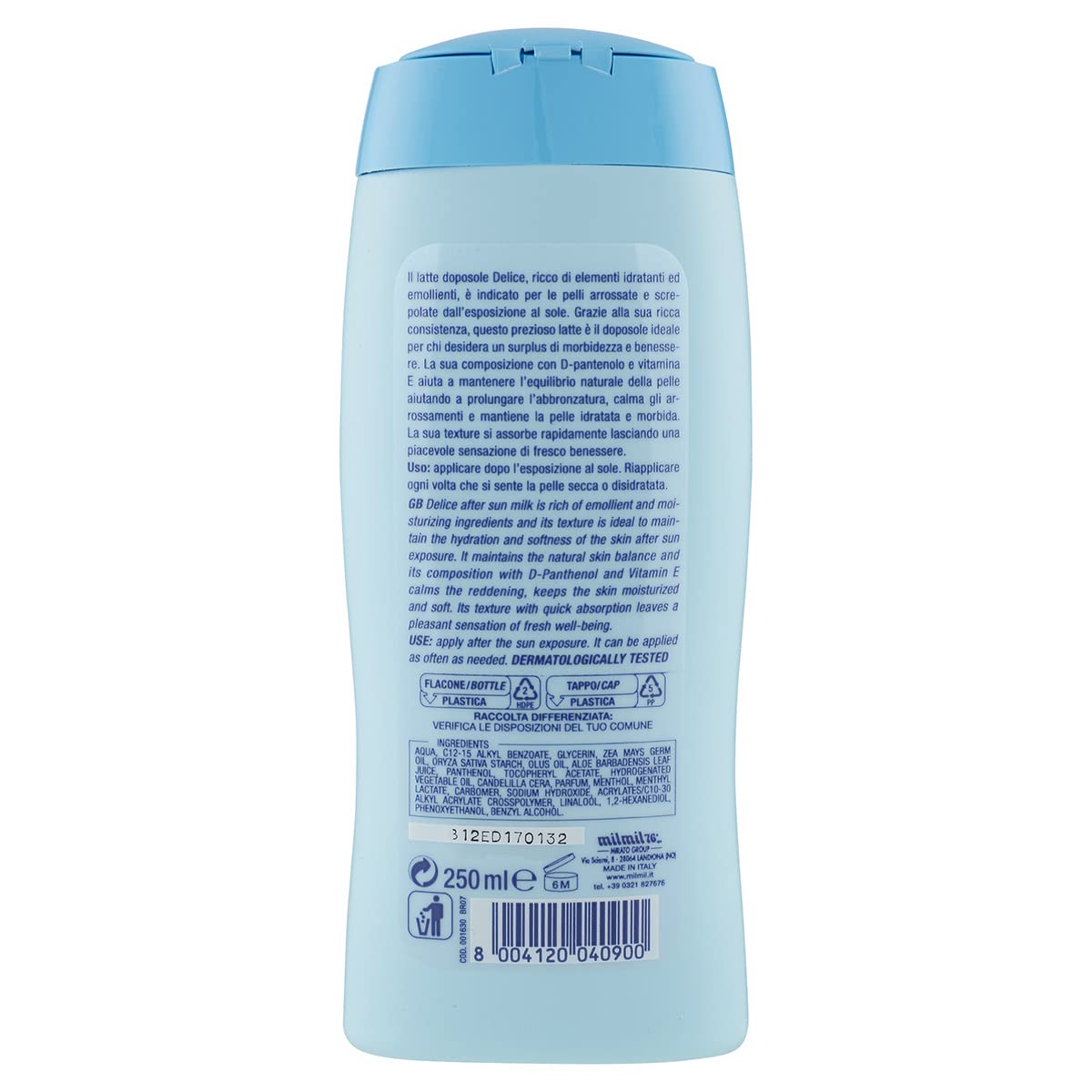 DELICE SOLAIRE Latte Doposole Idratante 250 ml, Formula Rinfrescante con D-Pantenolo, Abbronzatura Prolungata, Dermatologicamente Testato