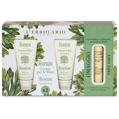 L'Erbolario - ASSENZIO Confezione Regalo Crema Mani - Pacchetto contenente 2 Creme Mani Vellutante da 40 ml l'uno + in Omaggio 1 NutriLabbra da 4,5 ml ai 4 Burri