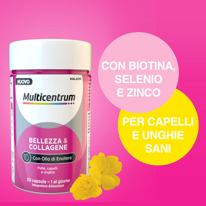 Multicentrum Bellezza & Collagene, Integratore Alimentare con Collagene, Biotina, Vitamina C, Olio di Enotera, formula completa per pelle, capelli, unghie, Adulti, 30 capsule