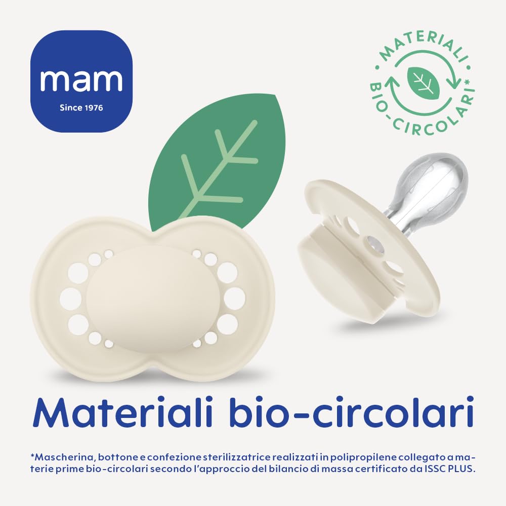 MAM Comfort Succhietto Ciuccio MAM 0-3 mesi in 100% silicone con design unico, Kit da 2 accessori neonato morbidi e leggeri con porta ciuccio