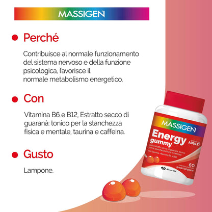Massigen - Energy Gummy, Integratore Alimentare con Guaranà e Caffeina, Vitamine Gommose per Adulti, Gusto Lampone, 60 Caramelle, 192 g, Per Energia Fisica e Mentale