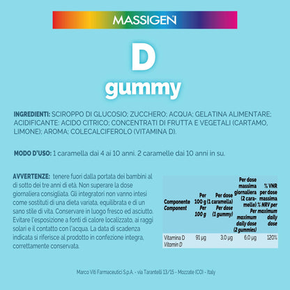 Massigen - D Gummy, 60 Caramelle da 3,3 g, Integratore Alimentare con Vitamina D, Vitamine Gommose per Bambini 4-14 Anni, Gusto Limone, Per Sistema Immunitario e Ossa Sane