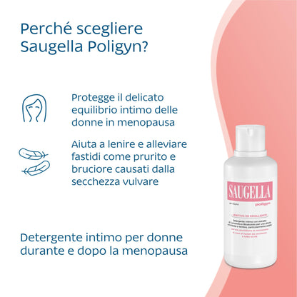 Saugella Poligyn, Detergente Intimo Emolliente Antiprurito, pH Neutro, con Camomilla e Acido Lattico, Adatto in Menopausa, 2 Detergenti da 750 ml