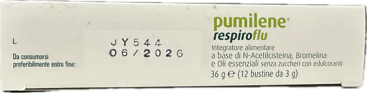 Pumilene Respiroflu 12 Bustine solubili con N-acetilcisteina, Bromelina, Oli essenziali, Gusto menta arancia, 36 g