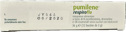 Pumilene Respiroflu 12 Bustine solubili con N-acetilcisteina, Bromelina, Oli essenziali, Gusto menta arancia, 36 g