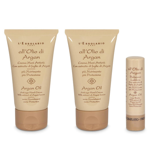 L'Erbolario - OLIO DI ARGAN Confezione regalo Crema Mani - Pacchetto contenente 2 Creme Mani Antietà da 40 ml l'uno + in Omaggio 1 Balsamo Labbra da 4,5 ml