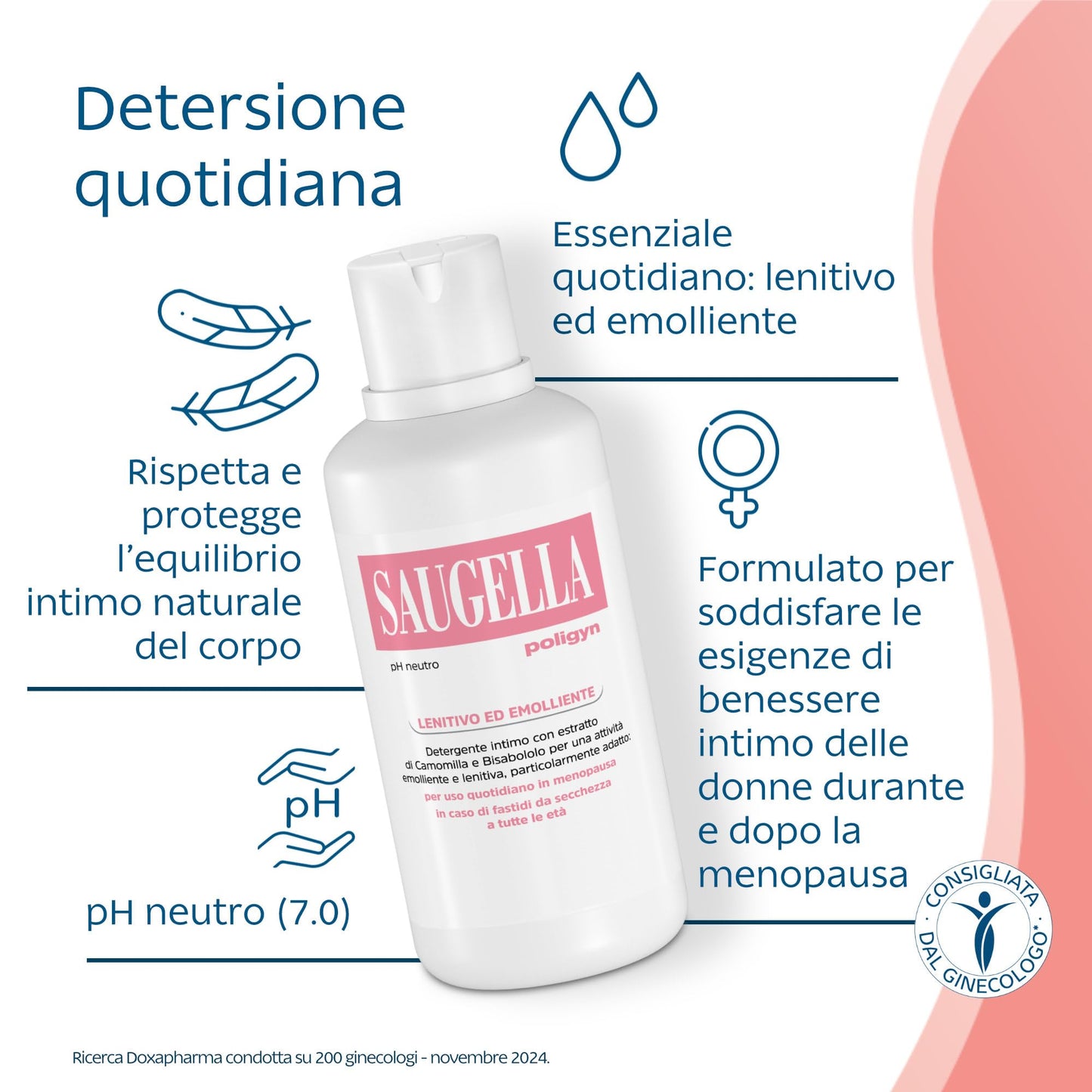 Saugella Poligyn, Detergente Intimo Emolliente Antiprurito, pH Neutro, con Camomilla e Acido Lattico, Adatto in Menopausa, 2 Detergenti da 750 ml