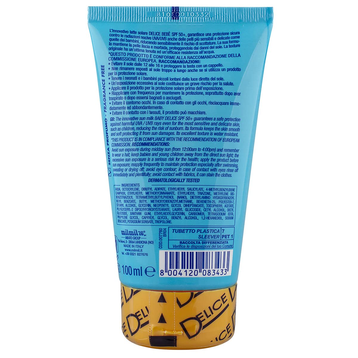 Delice Solaire Latte Solare Bebè , Protezione Solare Molto Alta SPF50+ , Resistente all'Acqua, Per Pelli Molto Chiare , Sensibili e Delicate, Filtra UVA/UVB, Dermatologicamente Testata - 100 ML