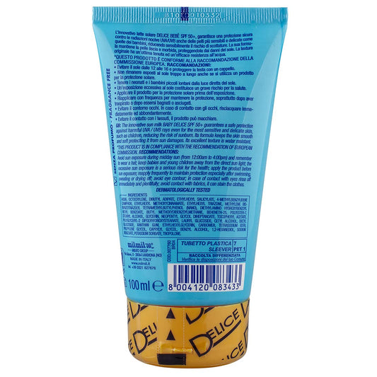Delice Solaire Latte Solare Bebè , Protezione Solare Molto Alta SPF50+ , Resistente all'Acqua, Per Pelli Molto Chiare , Sensibili e Delicate, Filtra UVA/UVB, Dermatologicamente Testata - 100 ML