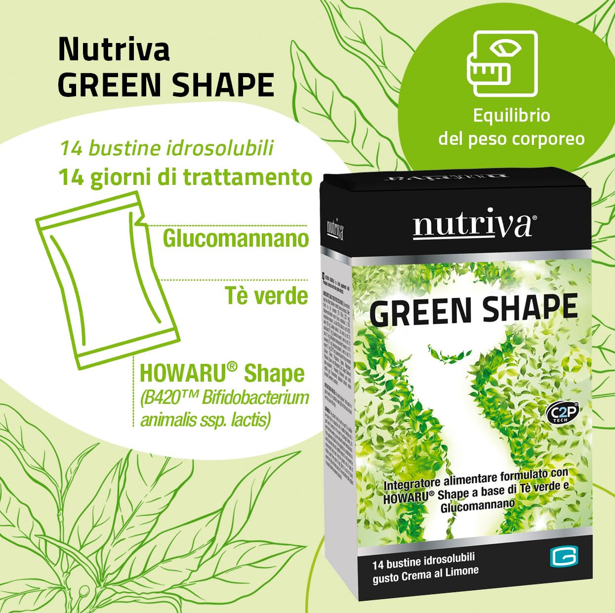 NUTRIVA Green Shape, Integratore Alimentare Controllo Peso, Circonferenza Vita, Drenante, Massa Grassa, HOWARU®, Clinicamente Testato, Tè Verde, Glucomannano, 14 Bustine, Gusto Crema al Limone