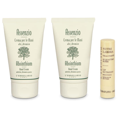 L'Erbolario - ASSENZIO Confezione Regalo Crema Mani - Pacchetto contenente 2 Creme Mani Vellutante da 40 ml l'uno + in Omaggio 1 NutriLabbra da 4,5 ml ai 4 Burri