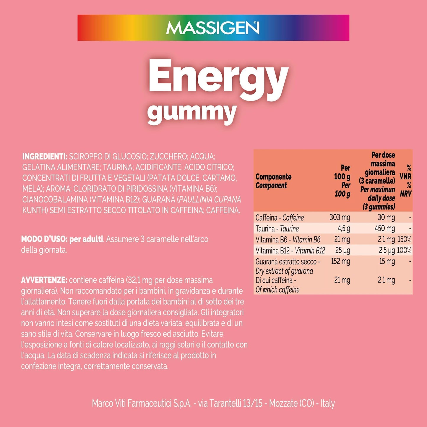 Massigen - Energy Gummy, Integratore Alimentare con Guaranà e Caffeina, Vitamine Gommose per Adulti, Gusto Lampone, 60 Caramelle, 192 g, Per Energia Fisica e Mentale