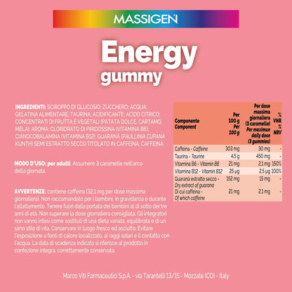 Massigen - Energy Gummy, Integratore Alimentare con Guaranà e Caffeina, Vitamine Gommose per Adulti, Gusto Lampone, 60 Caramelle, 192 g, Per Energia Fisica e Mentale