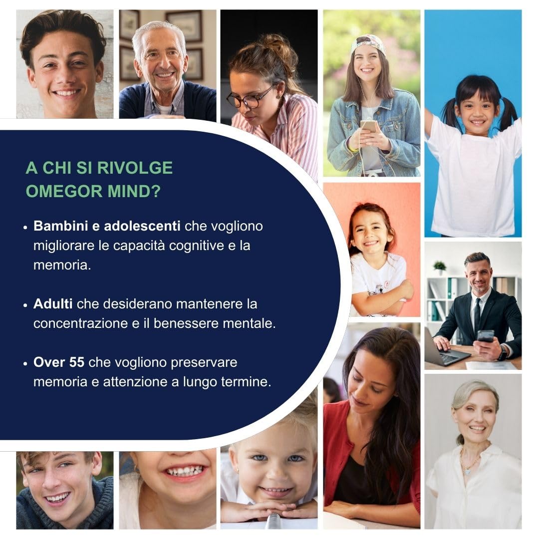 OMEGOR Mind | Integratore per la memoria e le funzioni congnitive | Con Omega 3 DHA ed estratto di Bacopa Monnieri, olio di borragine, zinco e vitamine B | Distillazione molecolare