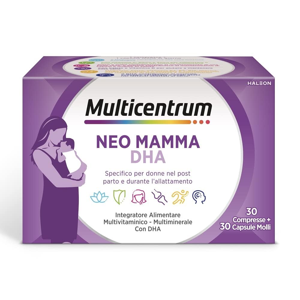 Multicentrum Neo Mamma DHA, Integratore Multivitaminico specifico per la donna dopo la gravidanza e durante l'allattamento, ricco di Acido Folico, Vitamina d, b12 e biotina, 30cpr +30 capsule molli