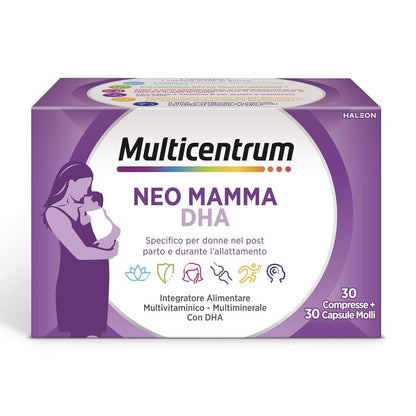 Multicentrum Neo Mamma DHA, Integratore Multivitaminico specifico per la donna dopo la gravidanza e durante l'allattamento, ricco di Acido Folico, Vitamina d, b12 e biotina, 30cpr +30 capsule molli