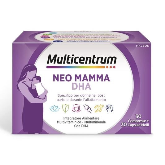 Multicentrum Neo Mamma DHA, Integratore Multivitaminico specifico per la donna dopo la gravidanza e durante l'allattamento, ricco di Acido Folico, Vitamina d, b12 e biotina, 30cpr +30 capsule molli