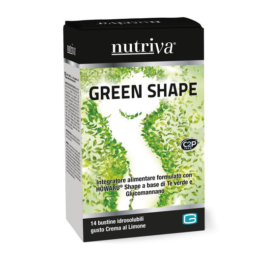 NUTRIVA Green Shape, Integratore Alimentare Controllo Peso, Circonferenza Vita, Drenante, Massa Grassa, HOWARU®, Clinicamente Testato, Tè Verde, Glucomannano, 14 Bustine, Gusto Crema al Limone
