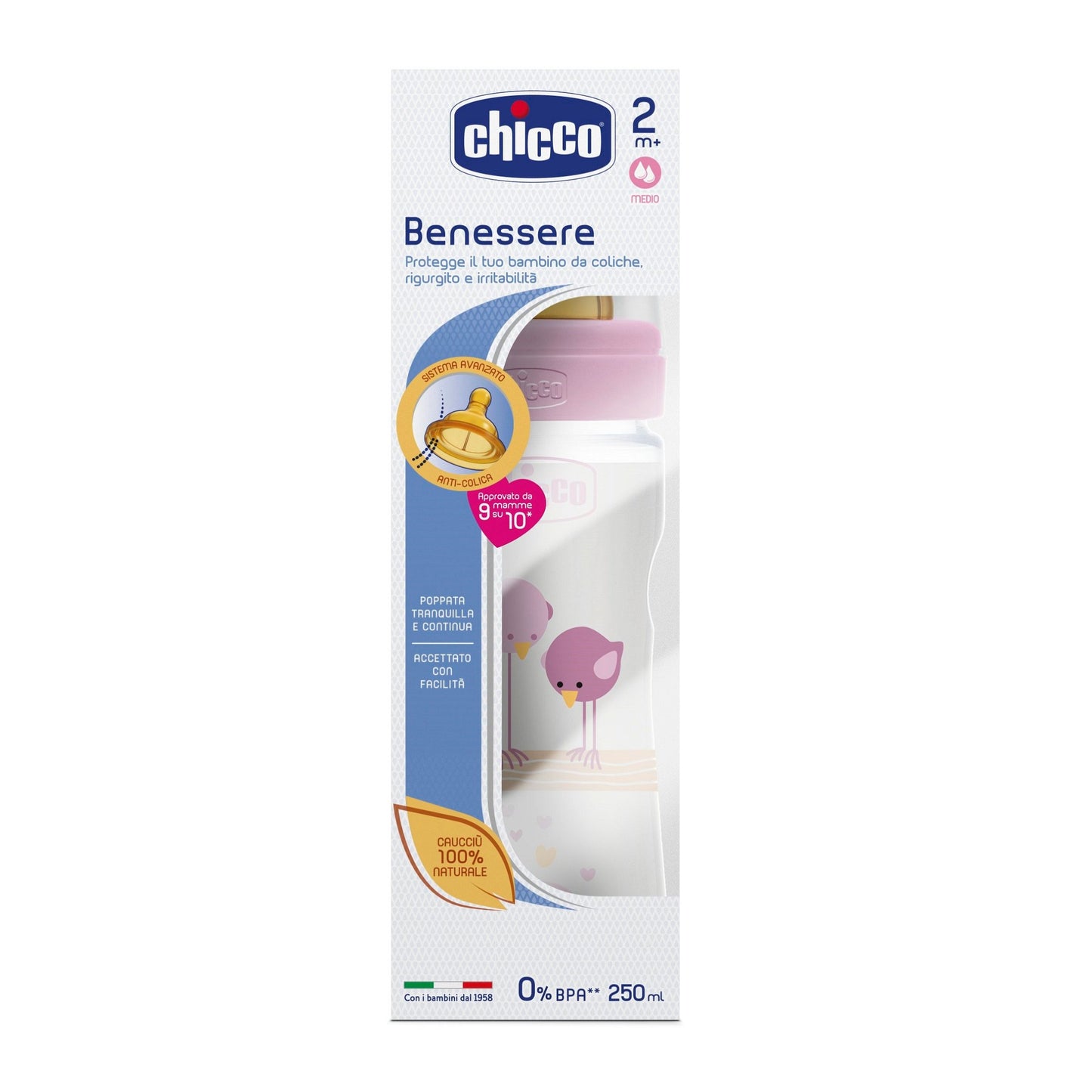 Chicco Benessere Plastica Bambina Biberon, Caucciù, Flusso Medio, 250 ml, Rosa