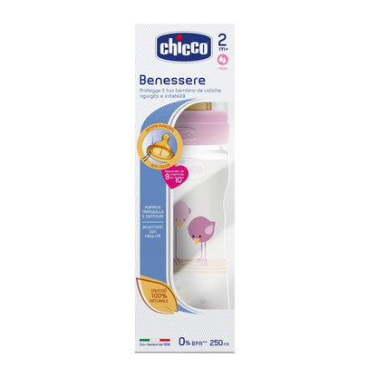 Chicco Benessere Plastica Bambina Biberon, Caucciù, Flusso Medio, 250 ml, Rosa