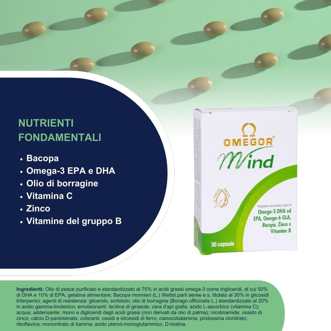 OMEGOR Mind | Integratore per la memoria e le funzioni congnitive | Con Omega 3 DHA ed estratto di Bacopa Monnieri, olio di borragine, zinco e vitamine B | Distillazione molecolare