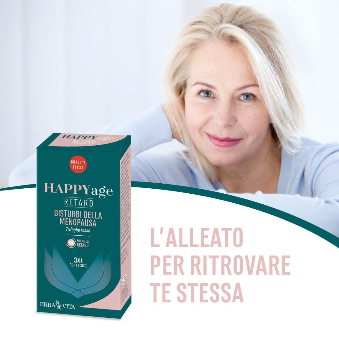 ERBA VITA Happy Age Retard integratore alimentare a base di estratti vegetali e vitamina D3, è un supporto naturale per il corpo durante il passaggio alla menopausa - Formato 30 Compresse