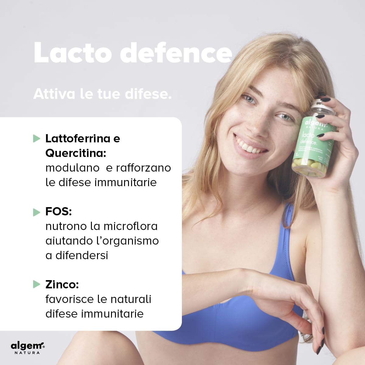 Lattoferrina 200 mg/Dose con Quercetina, FOS e Zinco Gommose Algem Natura® LACTO DEFENCE Integratore Difese Immunitarie Bambini, Sistema Immunitario Adulti, Antiossidante Naturale, Immuno