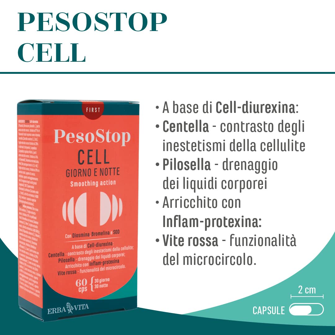ERBA VITA PesoStop Cell Giorno e Notte integratore alimentare con Ananas e Centella per affrontare gli inestetismi della cellulite 60 Capsule - l'imballaggio può variare