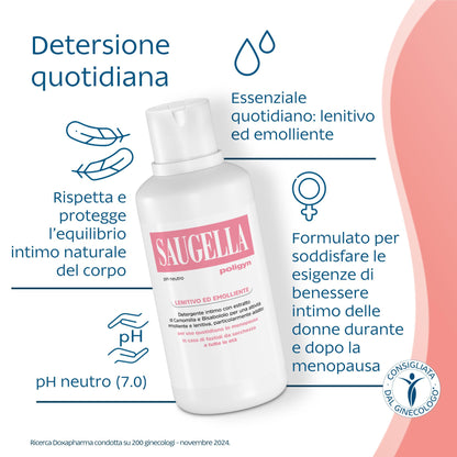 Saugella Poligyn, Detergente Intimo Emolliente Antiprurito, pH Neutro, con Camomilla e Acido Lattico, Adatto in Menopausa, 2 Detergenti da 750 ml