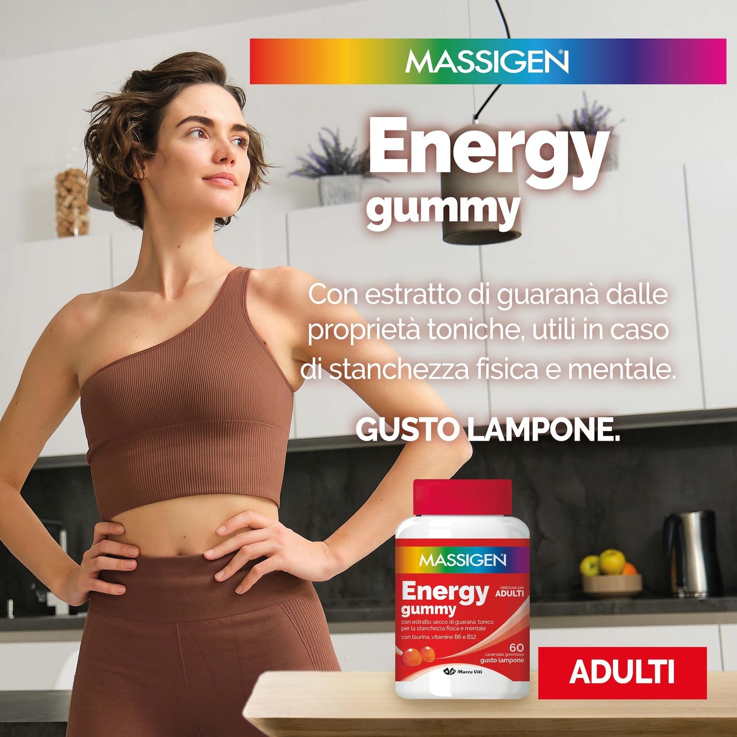 Massigen - Energy Gummy, Integratore Alimentare con Guaranà e Caffeina, Vitamine Gommose per Adulti, Gusto Lampone, 60 Caramelle, 192 g, Per Energia Fisica e Mentale