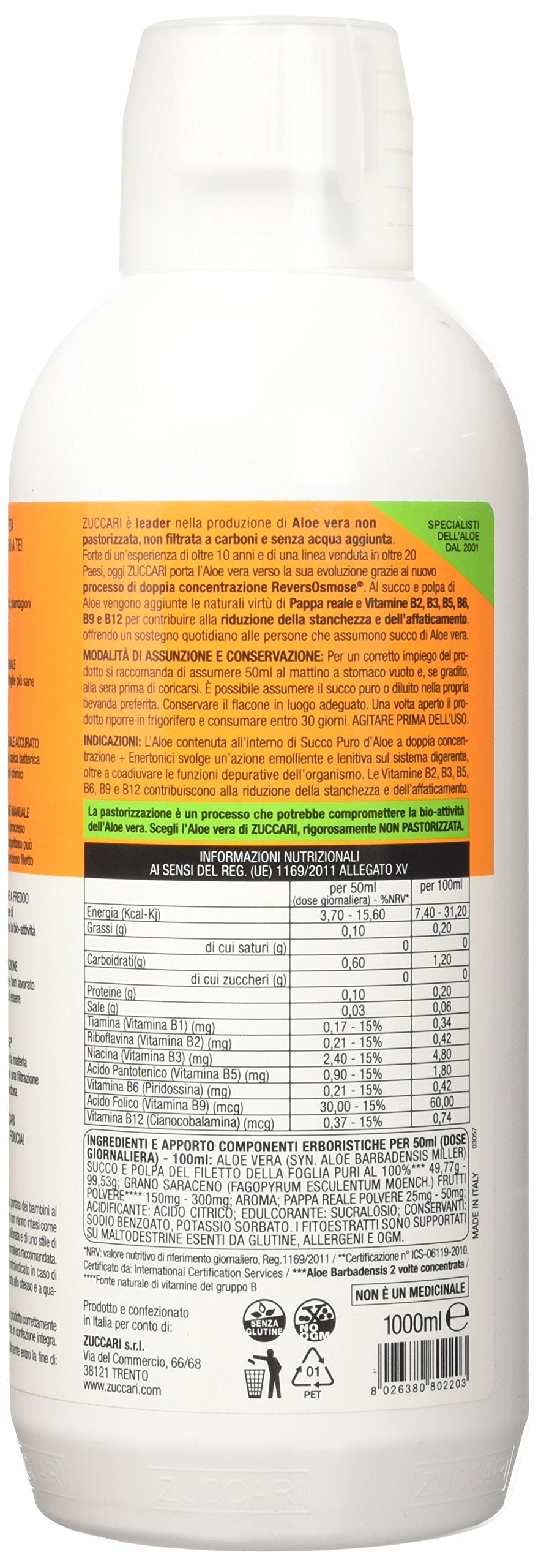 ZUCCARI Aloevera 2 Succo Puro D'aloe E Enertonici, 1000 ml