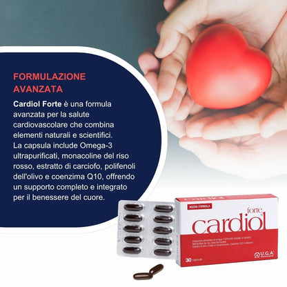 Cardiol Forte Omega 3 e Riso Rosso Fermentato (Monacolina K) - Omega3 EPA DHA da Olio di Pesce Puro con Acido Folico, Coenzima Q10 e Vitamina E - Sostegno per Cuore e Arterie - 30 Capsule