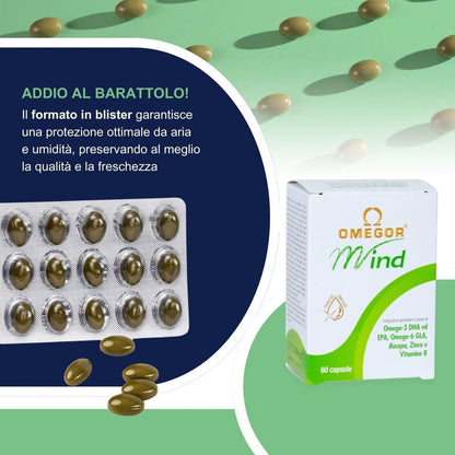 OMEGOR Mind | Integratore per la memoria e le funzioni congnitive | Con Omega 3 DHA ed estratto di Bacopa Monnieri, olio di borragine, zinco e vitamine B | Distillazione molecolare